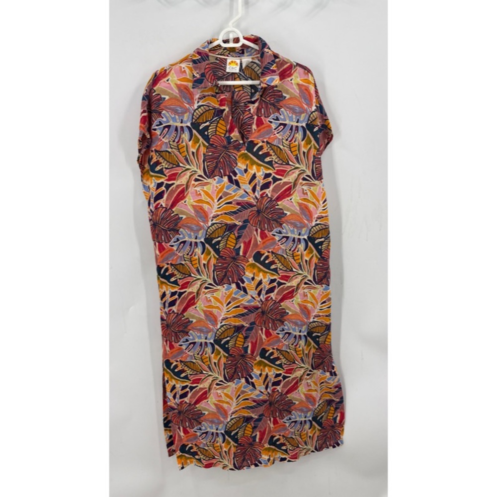 CC California linen blend colorful tropical leaf print dress M